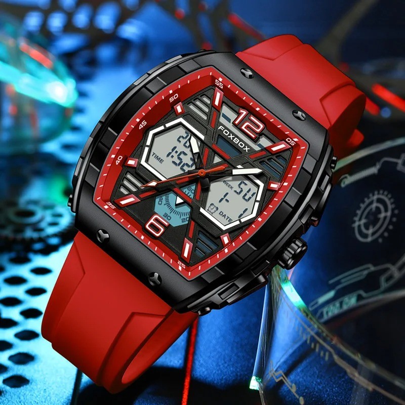 FOXBOX Red Slicon Luxury Mens Quartz Watch Sport Waterproof Digital Luminous watch - Image 3