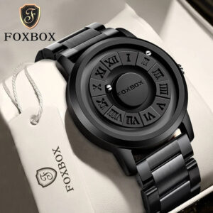 FOXBOX-Men's stainless steel waterproof quartz watch, creative band, scroll beads, magnetic force, watch, brand
