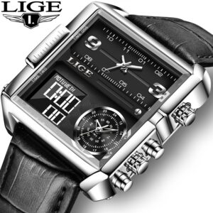 LIGE 8925 Top Brand Luxury Mens Watches Square Digital Sports Quartz Wrist Watch for Men Waterproof Stopwatch Relogio Masculino